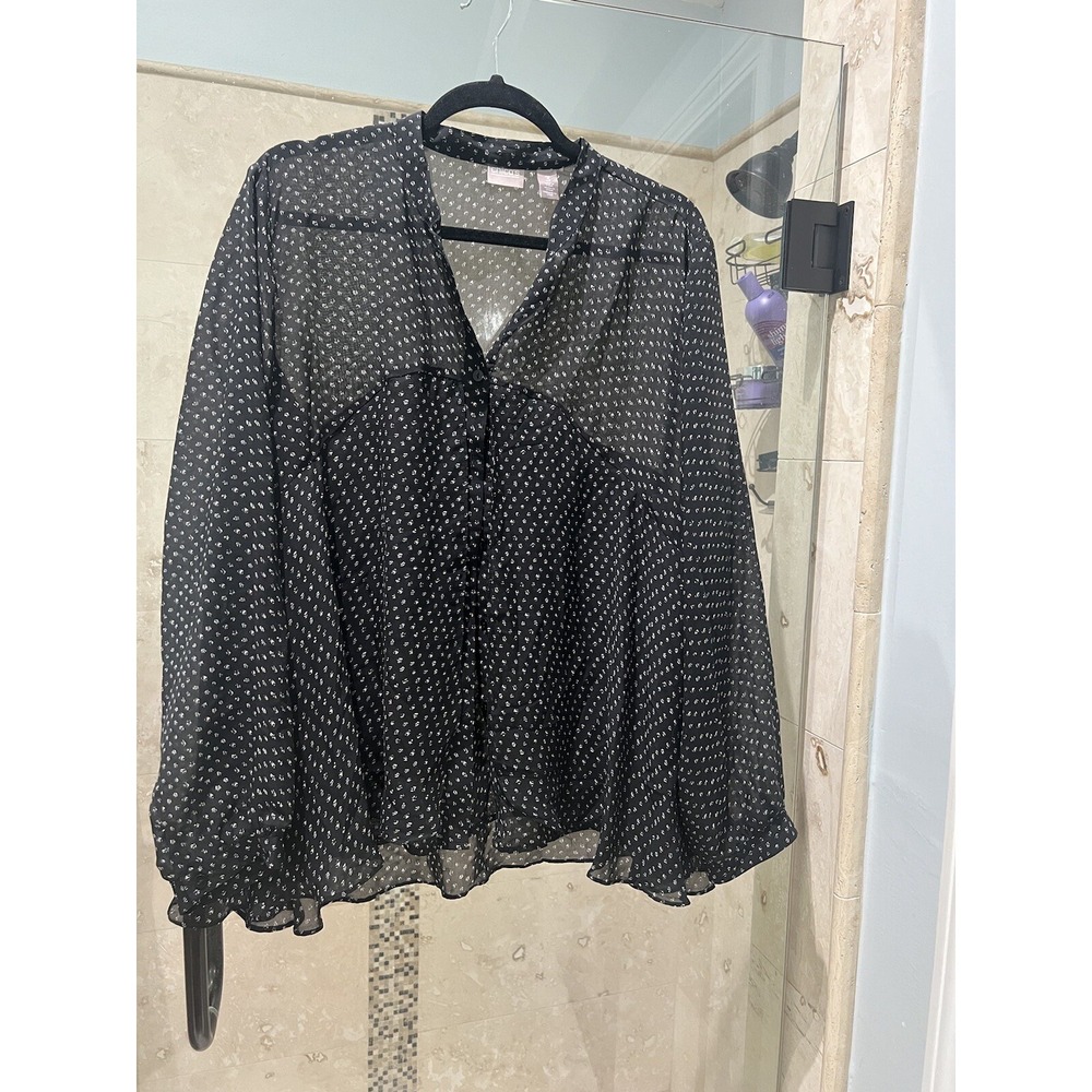 Chico’s Size 3 Black Semi Sheer Blouse Top Button Down Front Overlay Flowy Swing